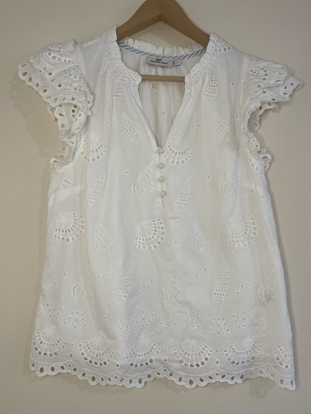 Vineyard Vines 100% Cotton White Eyelet Flutter Sleeve Top Size L - Picture 4 of 12
